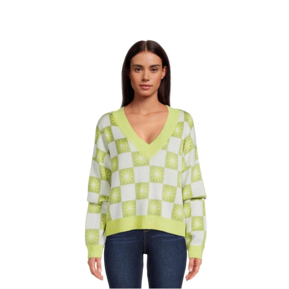 Madden NYC Green Retro Floral Check Print Cropped‎ Sweater